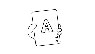 Kleurplaat van een speelkaart, de Aas van Harten, vastgehouden in een hand.
