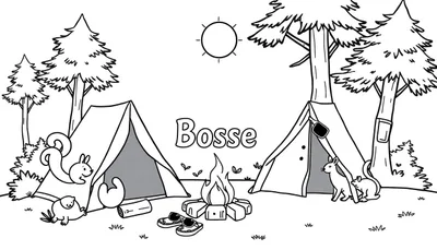 Kleurplaat van een camping met Bosse, dieren, tenten en een kampvuur.