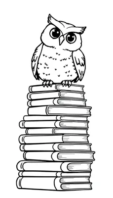 Een simpele kleurplaat van een uil zonder veren op een stapel boeken.