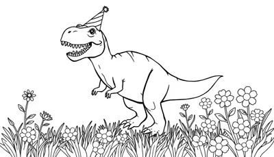 Kleurplaat van een vrolijke T-rex met een feesthoed tussen de bloemen.