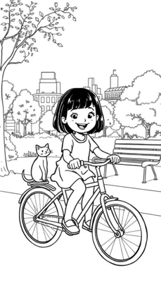 Kleurplaat van een meisje met bobkapsel op een fiets, met een kat op de bagagedrager, in een park met bomen en gebouwen.