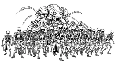 Een zwart-wit kleurplaat van een leger skeletten geleid door een mechanische spin.
