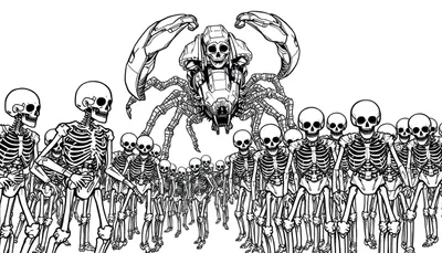 Kleurplaat van een skeletten leger met een grote robot schorpioen.