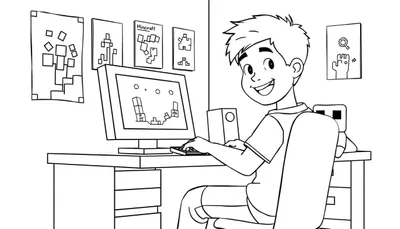 Zwart-wit kleurplaat van een lachende jongen die Minecraft speelt op een computer.