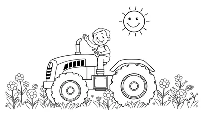 Kleurplaat van een jongen op een tractor in een bloemenveld.