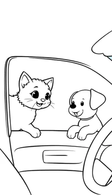 Kleurplaat van een kat en hond die uit een auto kijken.