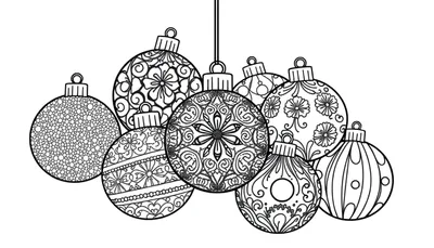 Zwart-wit kleurplaat van kerstballen met patronen.