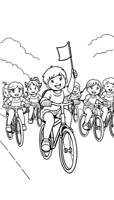 Kleurplaat van kinderen die met een vlag fietsen.