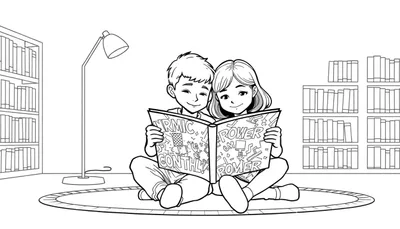 Twee kinderen genieten van een zwart-wit kleurplaat van een stripboek in een bibliotheek.