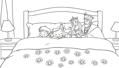 Kleurplaat van een gezin dat samen in bed ligt, met kinderen, knuffels en koninklijke figuren.