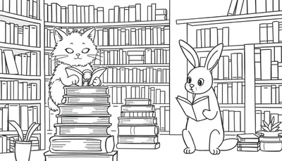 Kleurplaat van een kat en een konijn die boeken lezen in een bibliotheek.