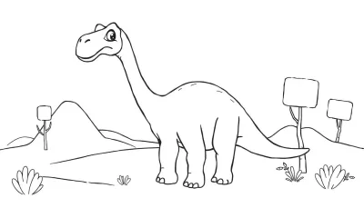 Kleurplaat van een Brachiosaurus in een prehistorisch landschap.