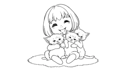 Kleurplaat van een jong meisje met een bob die drie kittens vasthoudt.