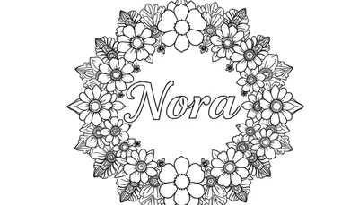 Kleurplaat van een mandala met de naam Nora en bloemen in zwart-wit.
