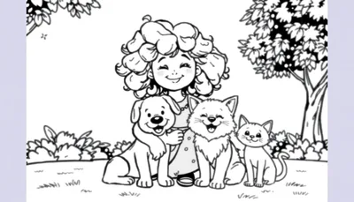 Een zwart-wit kleurplaat van een vrolijk meisje met krullend haar dat twee katten en een hond aait in een tuin.