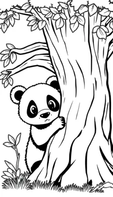 Kleurplaat van een panda die zich verstopt achter een boom.