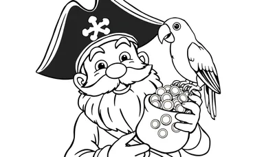 Zwart-witte kleurplaat van een piraat met baard, hoed en een zak vol goud, met een papegaai erop.