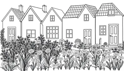 Kleurplaat van rijtjes huizen met bloemen