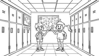 Zwart-witte kleurplaat van twee jongens in een schoolgang met lockers, die kaarten vasthouden waarop 'DRIVE' staat.