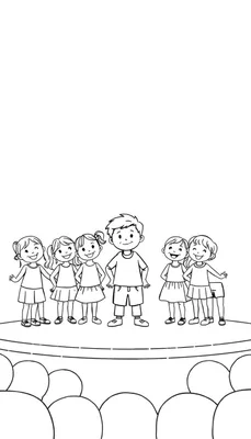 Kleurplaat: kinderen op een podium in de spotlight.