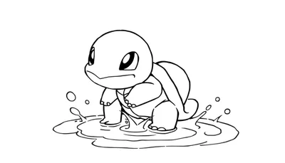 Kleurplaat van een blije Squirtle die in het water staat.