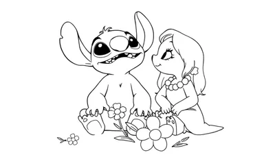 Kleurplaat van Stitch die knuffelt met een meisje omringd door bloemen.