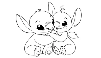 Kleurplaat van Stitch en Angel die elkaar knuffelen.