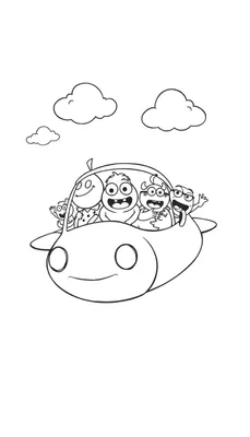 Een zwart-wit kleurplaat van een vrolijke vliegende auto met vijf cartoonachtige monsters erin, vliegend tussen wolken.