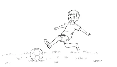Kleurplaat: Een blije jongen die tegen een voetbal schopt.