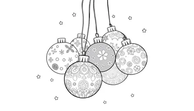 Een zwart-wit kleurplaat van kerstballen met sterretjes.