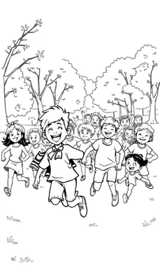 Een zwart-wit tekening van blije kinderen die rennen, als een kleurplaat.