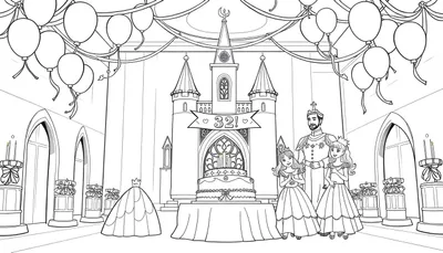 Kleurplaat van een koninklijke verjaardag in een kasteel met ballonnen, een taart en een lachende koninklijke familie.