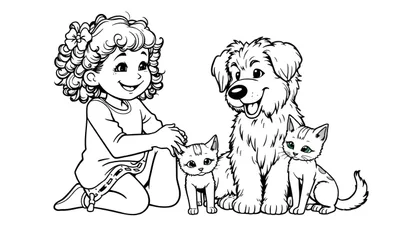 Kleurplaat van een meisje dat met een hond en katten speelt.
