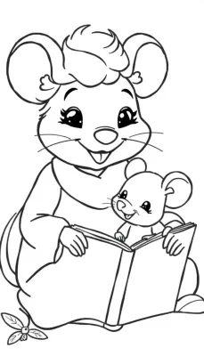 Kleurplaat van een lieve muizenoma die met haar kleinkind een boekje leest.