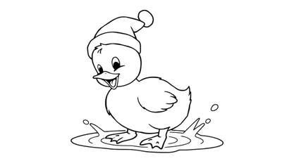 Een schattige cartoon-eend met een kerstmuts, staand in een plas water als een kleurplaat.