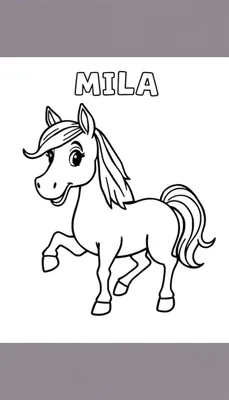 Een zwart-witte tekening van een lachend cartoonpaard genaamd Mila, klaar om ingekleurd te worden.
