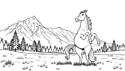 Kleurplaat van een steigerend paard met bergen op de achtergrond.