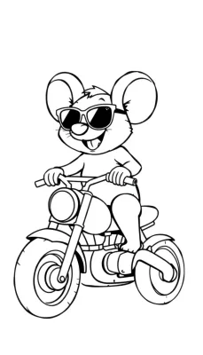 Kleurplaat van een muis op een motor met zonnebril.