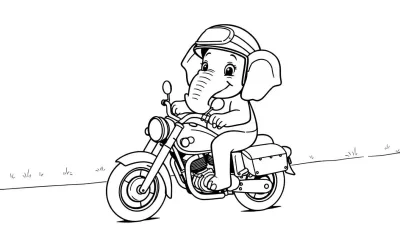 Kleurplaat van een cartoon olifant op een motor.