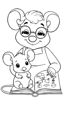 Kleurplaat van een lieve oma muis en haar kleinkind die samen een boekje lezen.