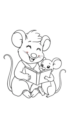 Kleurplaat van een oma muis en kleinkind die samen een boek lezen.