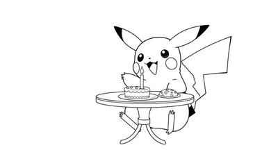 Kleurplaat van Pikachu die aan tafel zit met een taartje en koekjes.