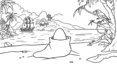 Kleurplaat van een tropisch strand met een laars, een ei, een zeilboot en een papegaai.