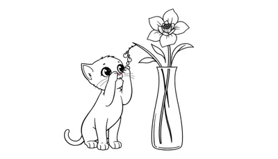 Kleurplaat van een schattig poesje dat een bloem in een vaas probeert aan te raken, met waterdruppels aan de steel.