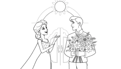 Kleurplaat van een prinses die bloemen ontvangt van haar prins voor een sprookjesachtige deur.