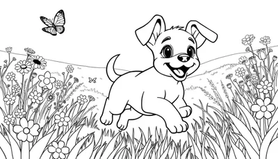 Kleurplaat van een vrolijke puppy die achter een vlinder aan rent in een bloemenveld.