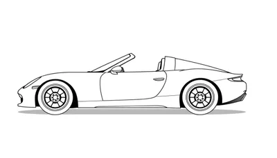 Zwart-wit kleurplaat van een sportieve cabriolet racewagen zonder chauffeur, gezien vanaf de zijkant.