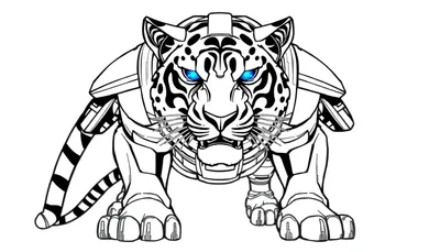 Een stoere, robotachtige tijger kleurplaat met blauwe ogen.
