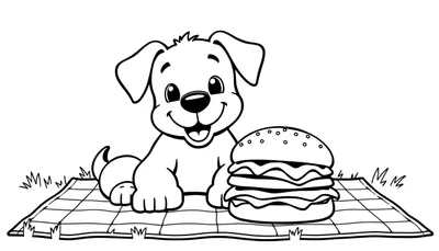 Kleurplaat van Samson de hond naast een gigantische hamburger.
