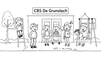 Kleurplaat van lachende kinderen rond de CBS De Grunslach school, met een jongen in een boom en een jongen op een schommel.